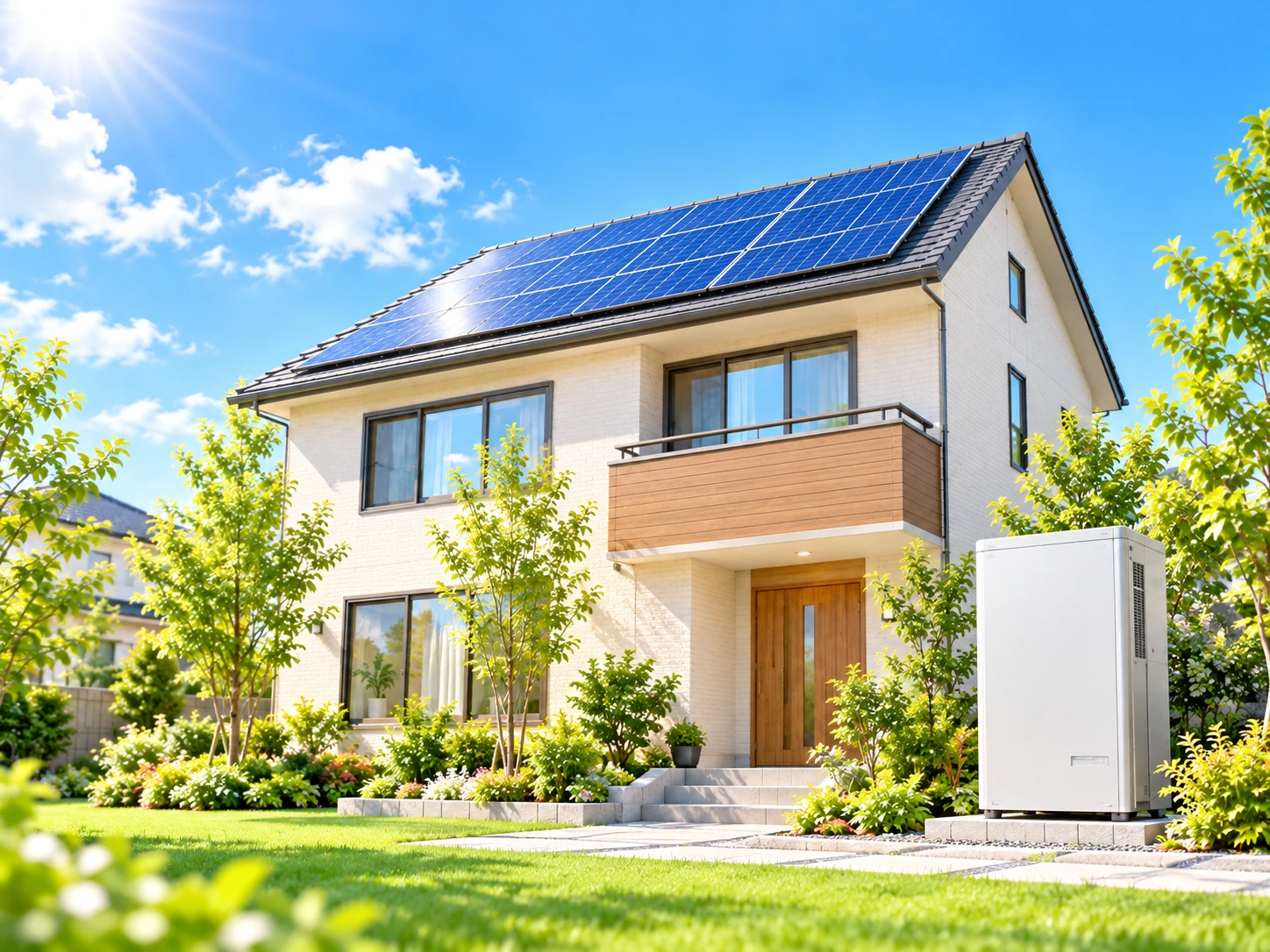 昼の太陽光発電で余った電気を蓄電池へためる住宅のイメージ