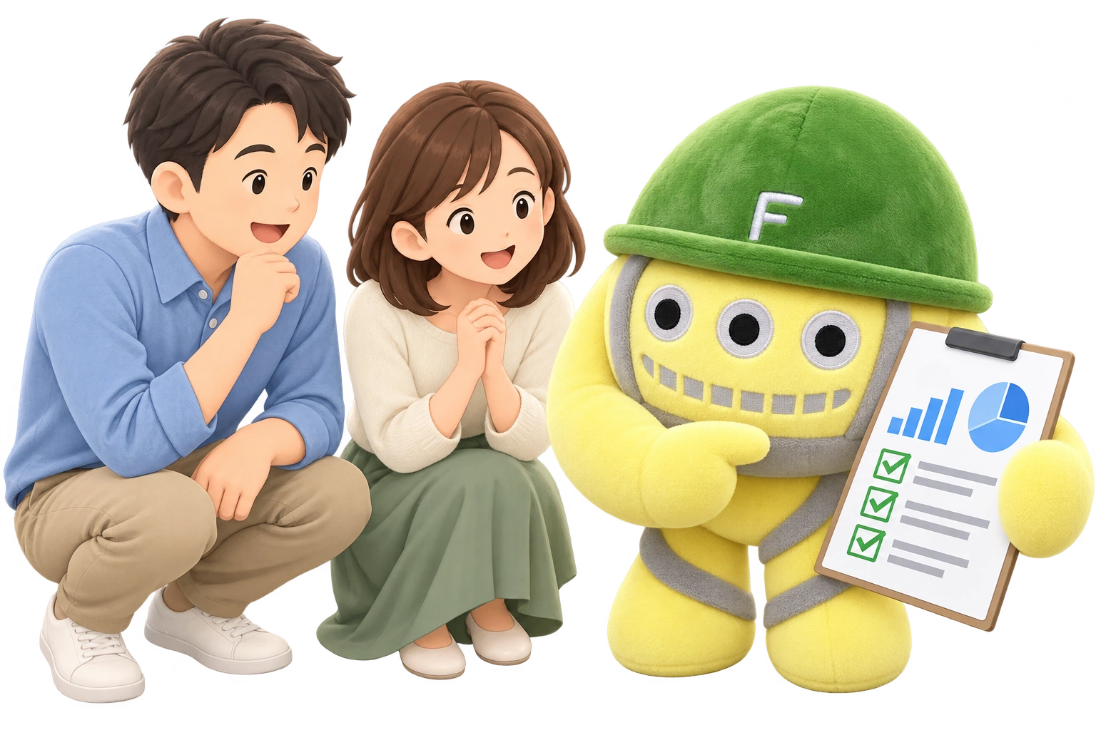 ご夫婦とボンゴ君が点検結果を確認するイメージ