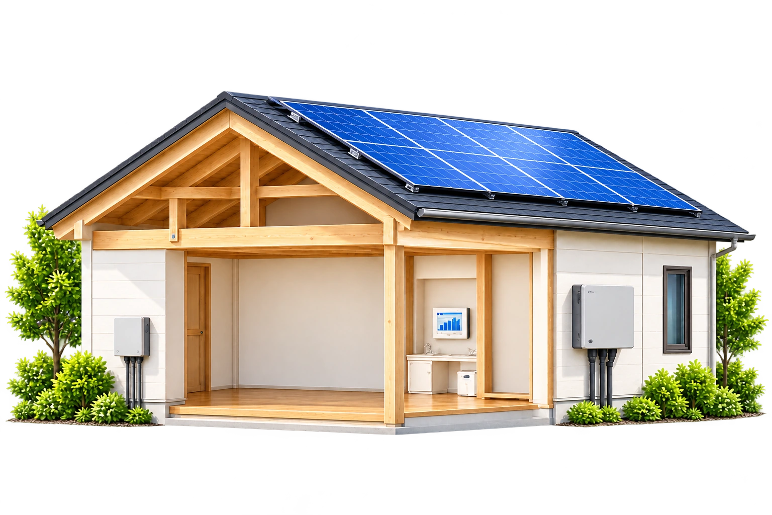 太陽光のある家の断面イメージ。接続箱は左の屋外、屋根裏は屋根直下、パワコンは右の屋外、モニターは室内。