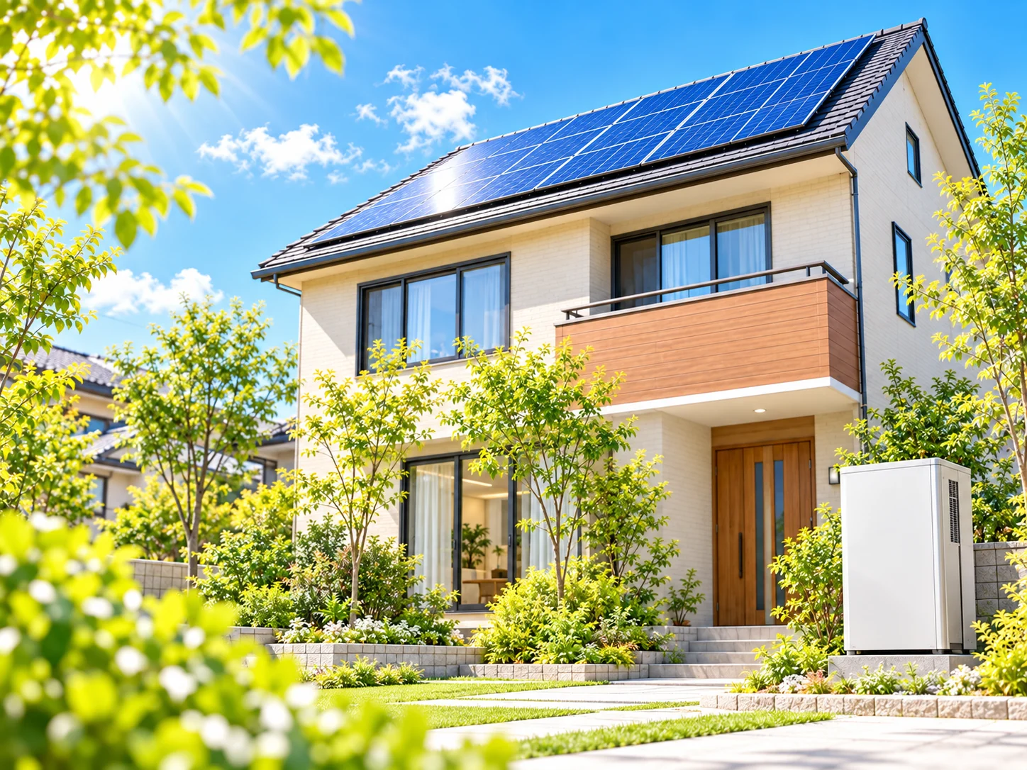 昼間に太陽光でつくった余剰電力を蓄電池にためる住宅イメージ