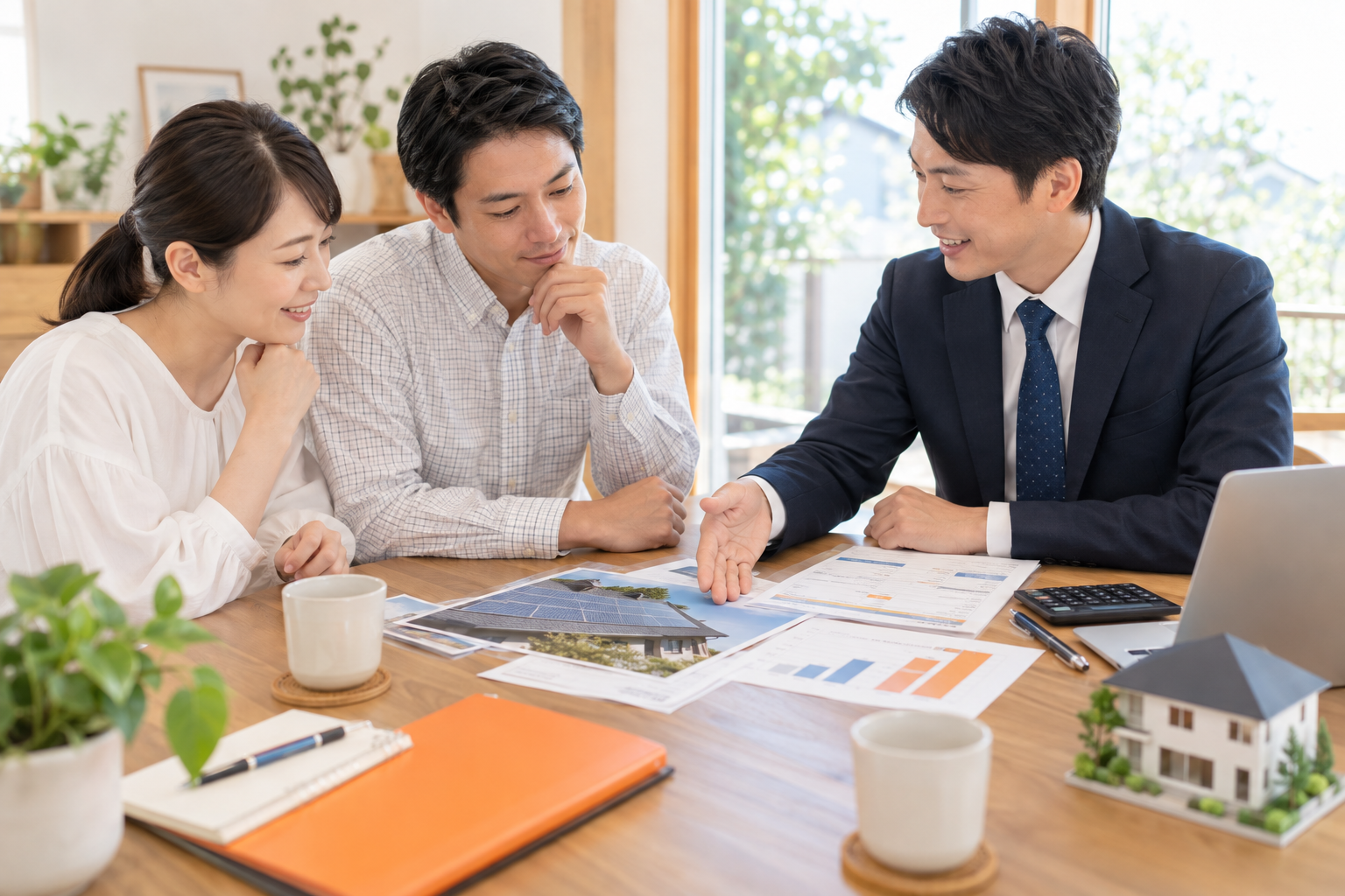 太陽光発電と蓄電池の費用を相談する家族