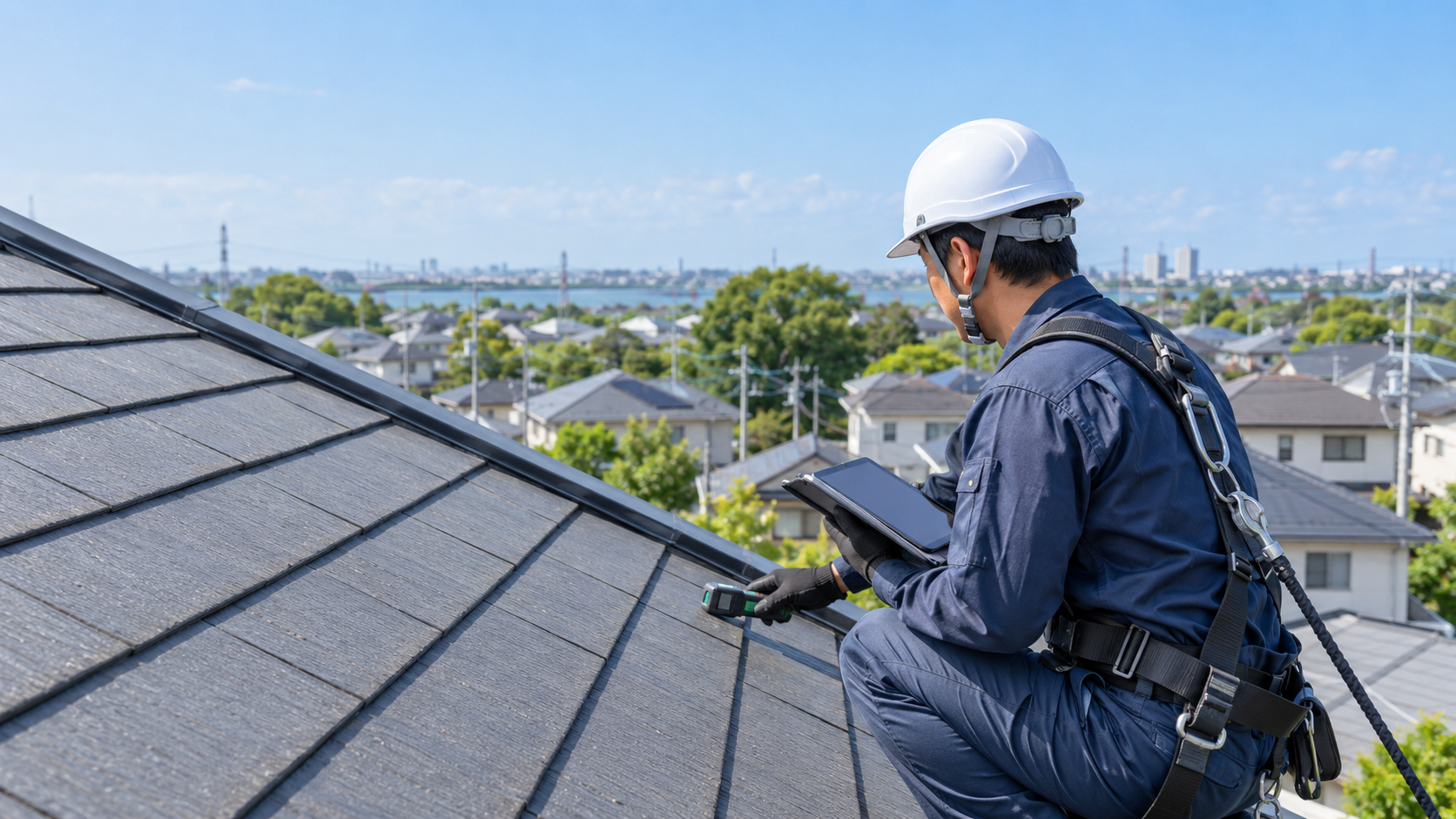 太陽光設置前に屋根を点検する技術者