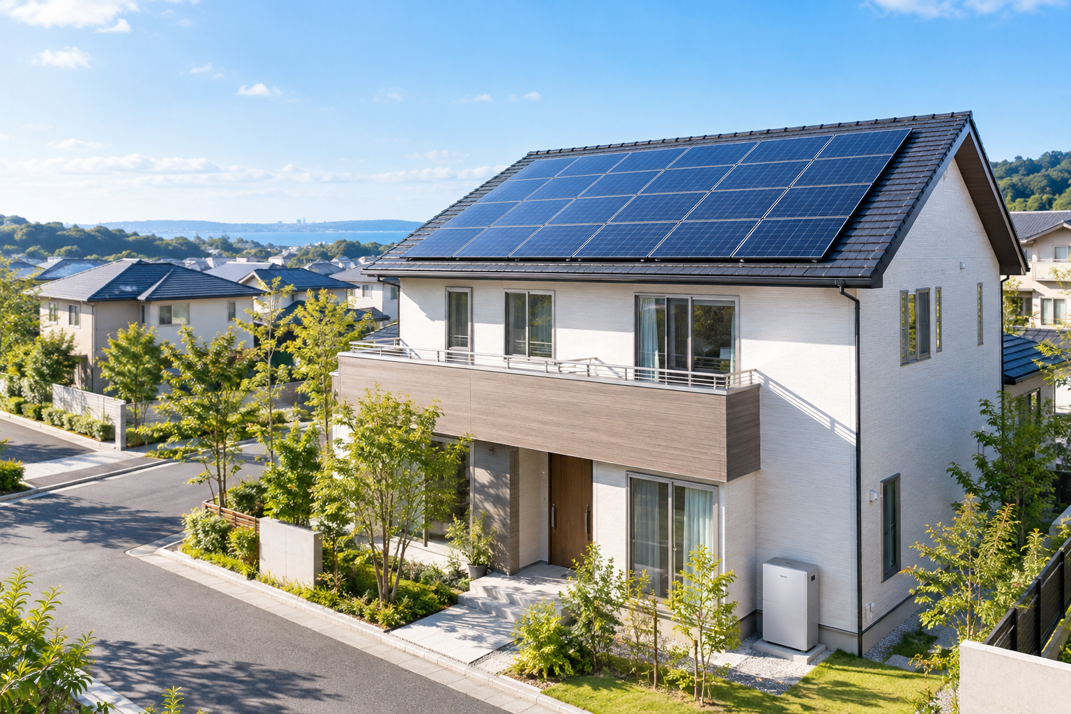 住宅の屋根に設置された太陽光パネルと家庭用蓄電池