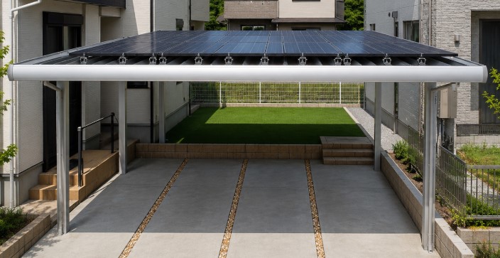 松戸市 ソーラーカーポート2台用設置工事|駐車場を活用した太陽光発電システムの施工写真